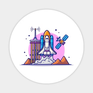 Space Shuttle Taking Off with Tower, Satellite and Mountain Cartoon Vector Icon Illustration Magnet